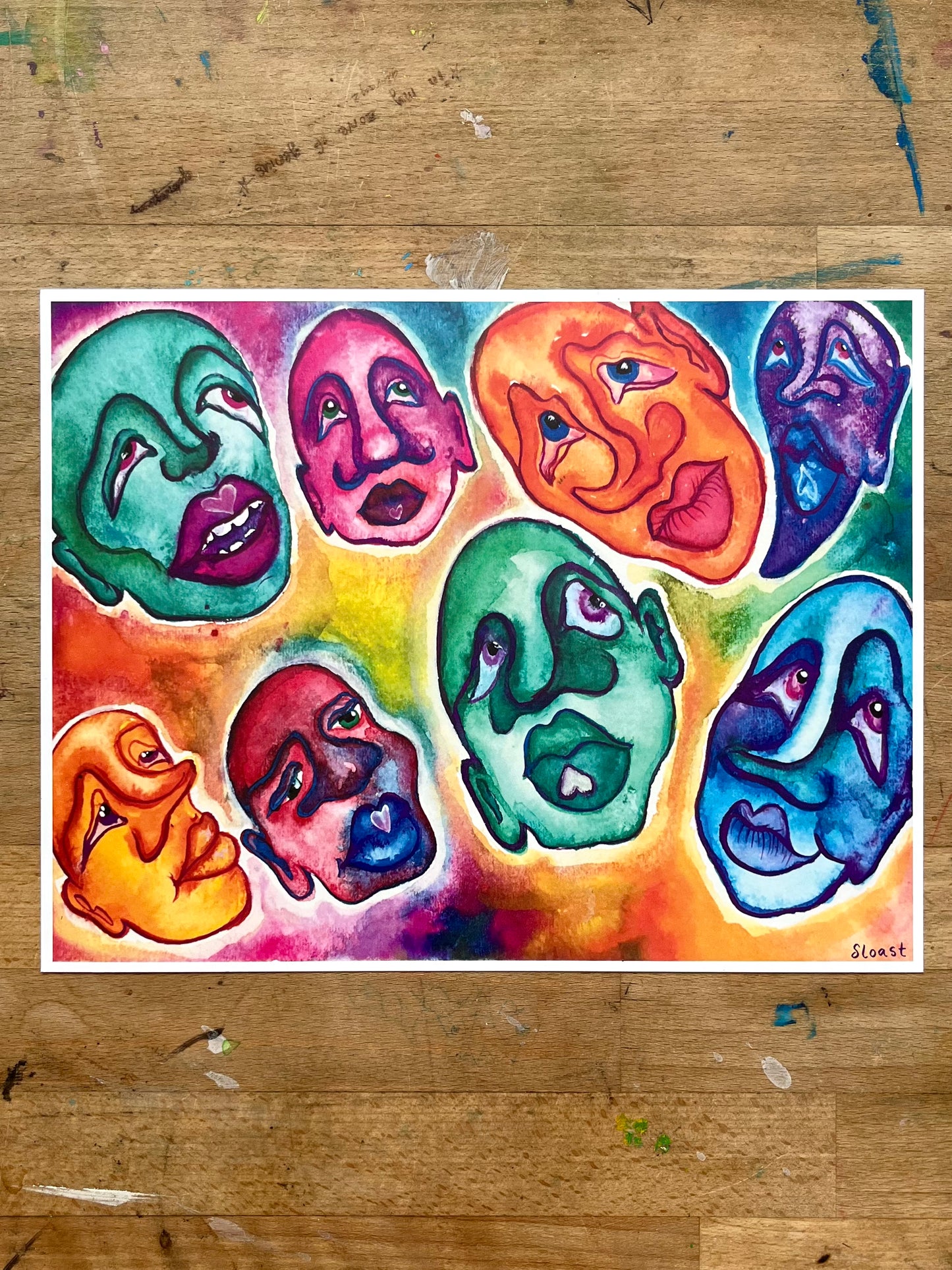 "Floating faces" print