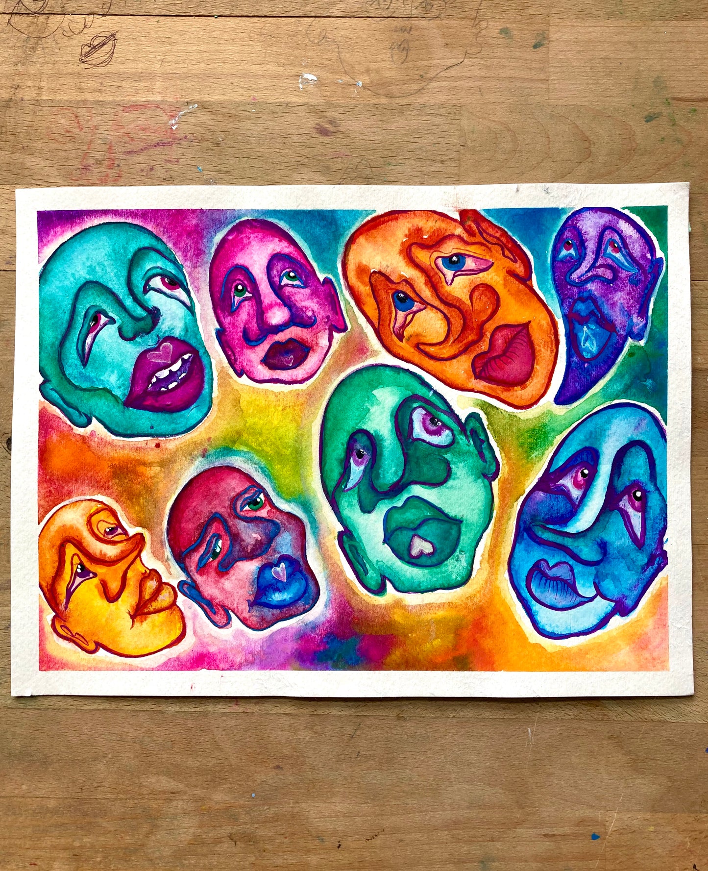 "Floating faces" painting on paper