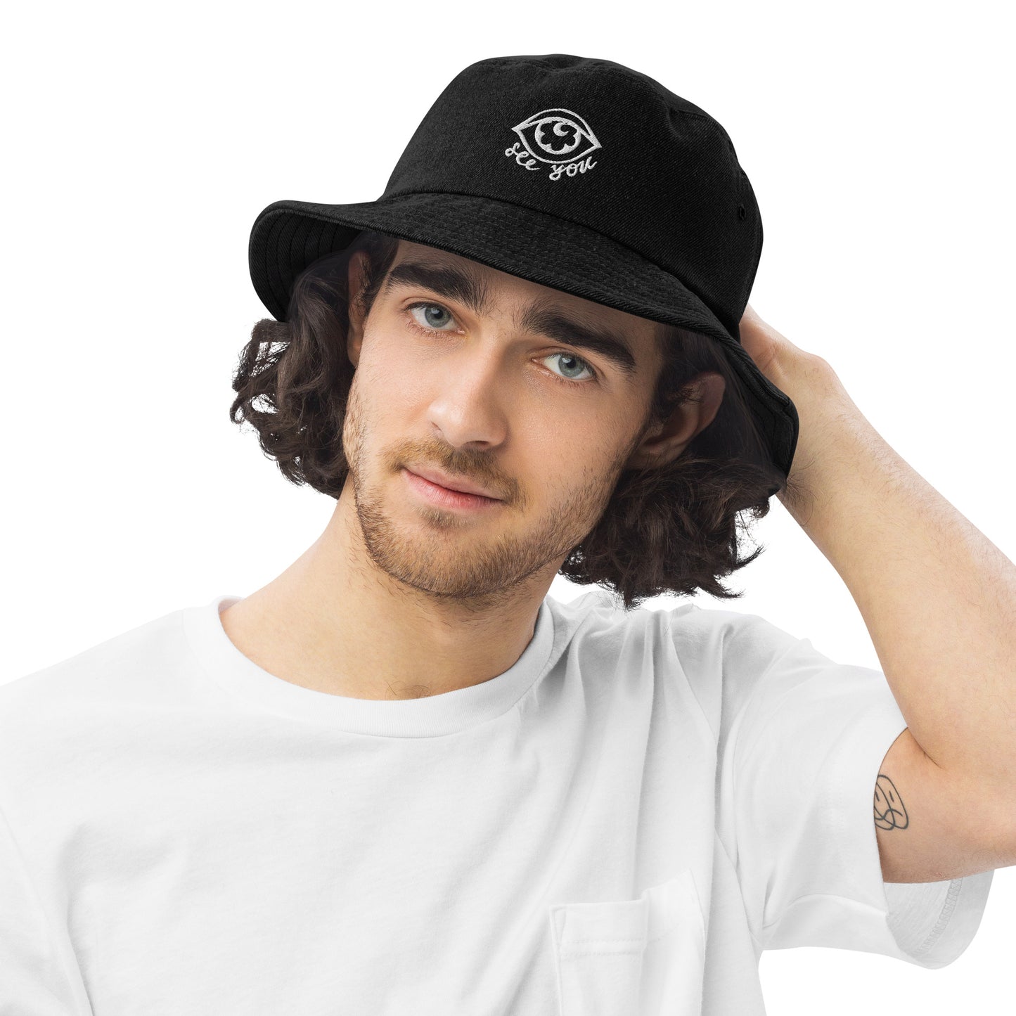 "eye see you" Denim bucket hat