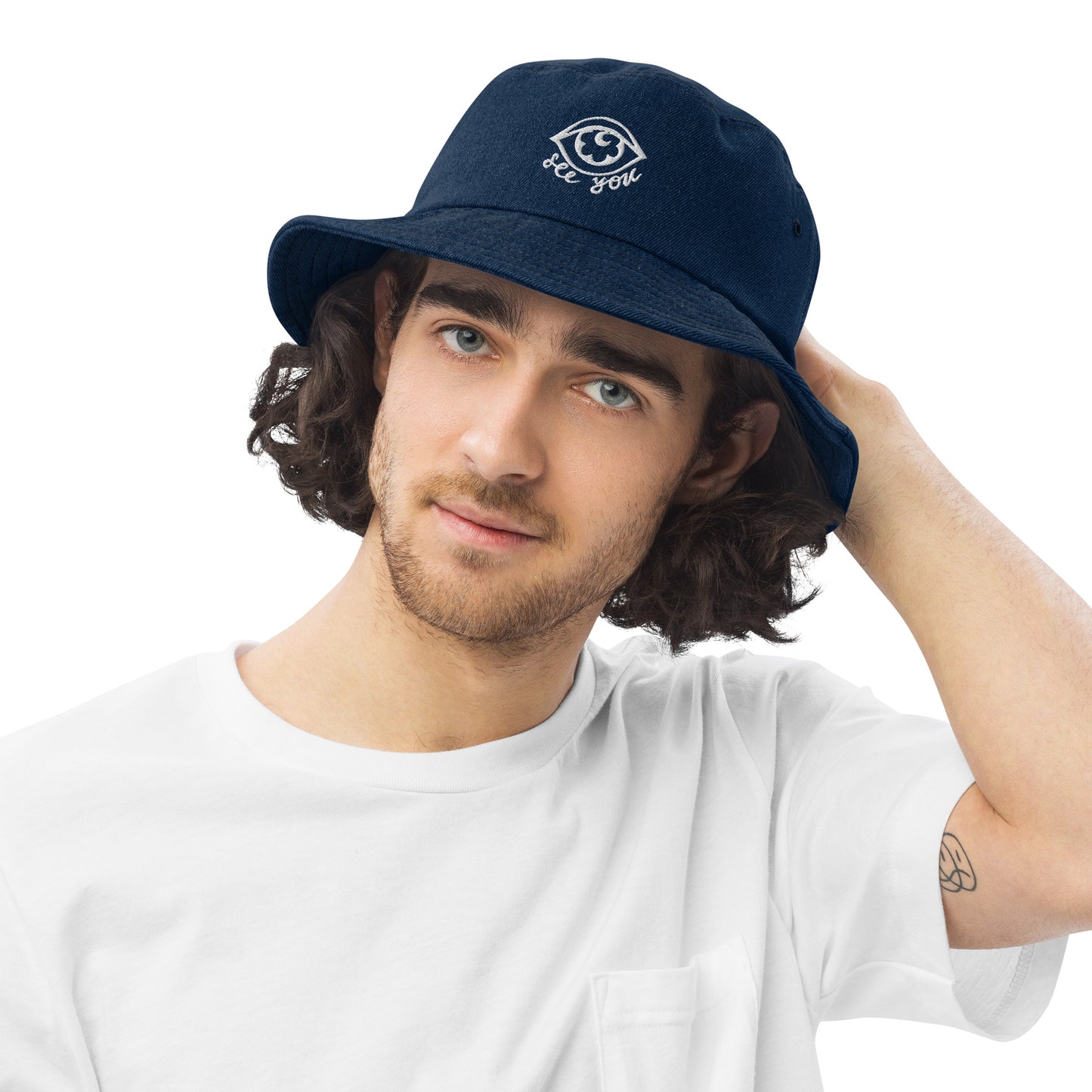 "eye see you" Denim bucket hat