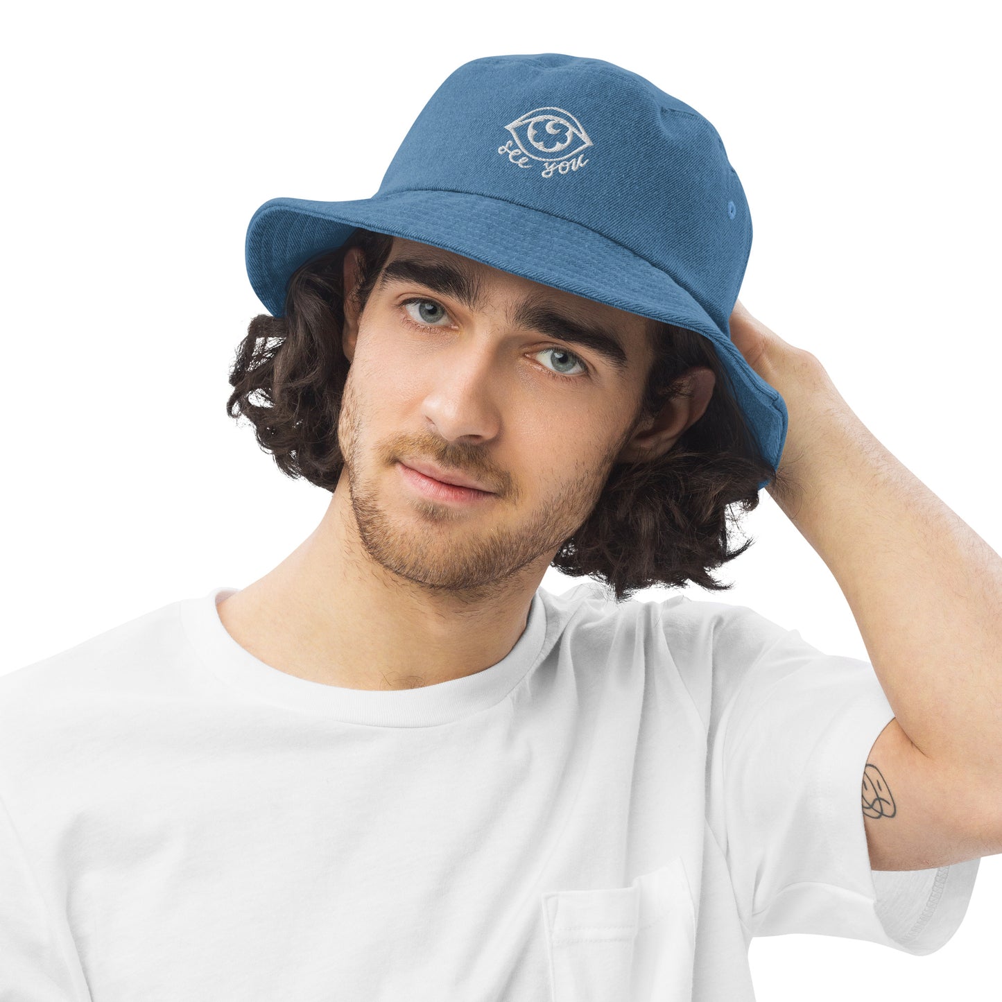 "eye see you" Denim bucket hat